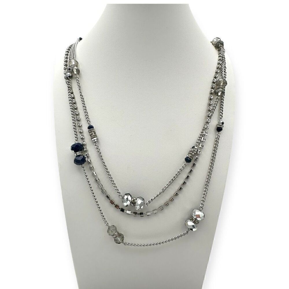Long Opera/Rope length 3-tiered necklace silver toned with beads 35 inches long